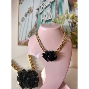 Topshop Black Onyx Raw Crystal Rock Pendant Gold Tone Chain Statement Necklace